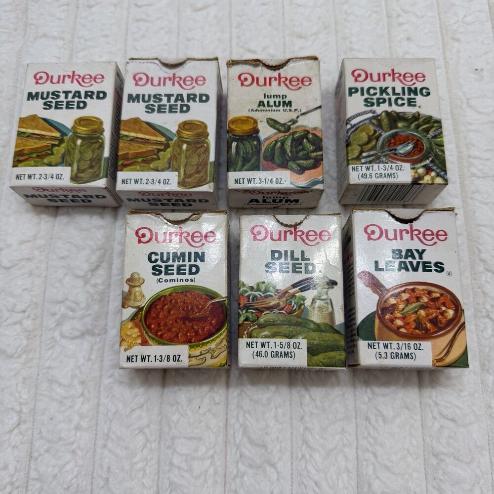 Vintage Durkee Spice Boxes Lot of 7 Mustard Seed Cumin Dill Bay Leaves Pickling